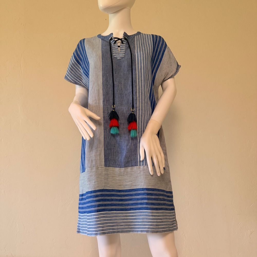 Vineyard Vines Womens Blue Striped 100% Linen Tassel Shift Dress Size 8